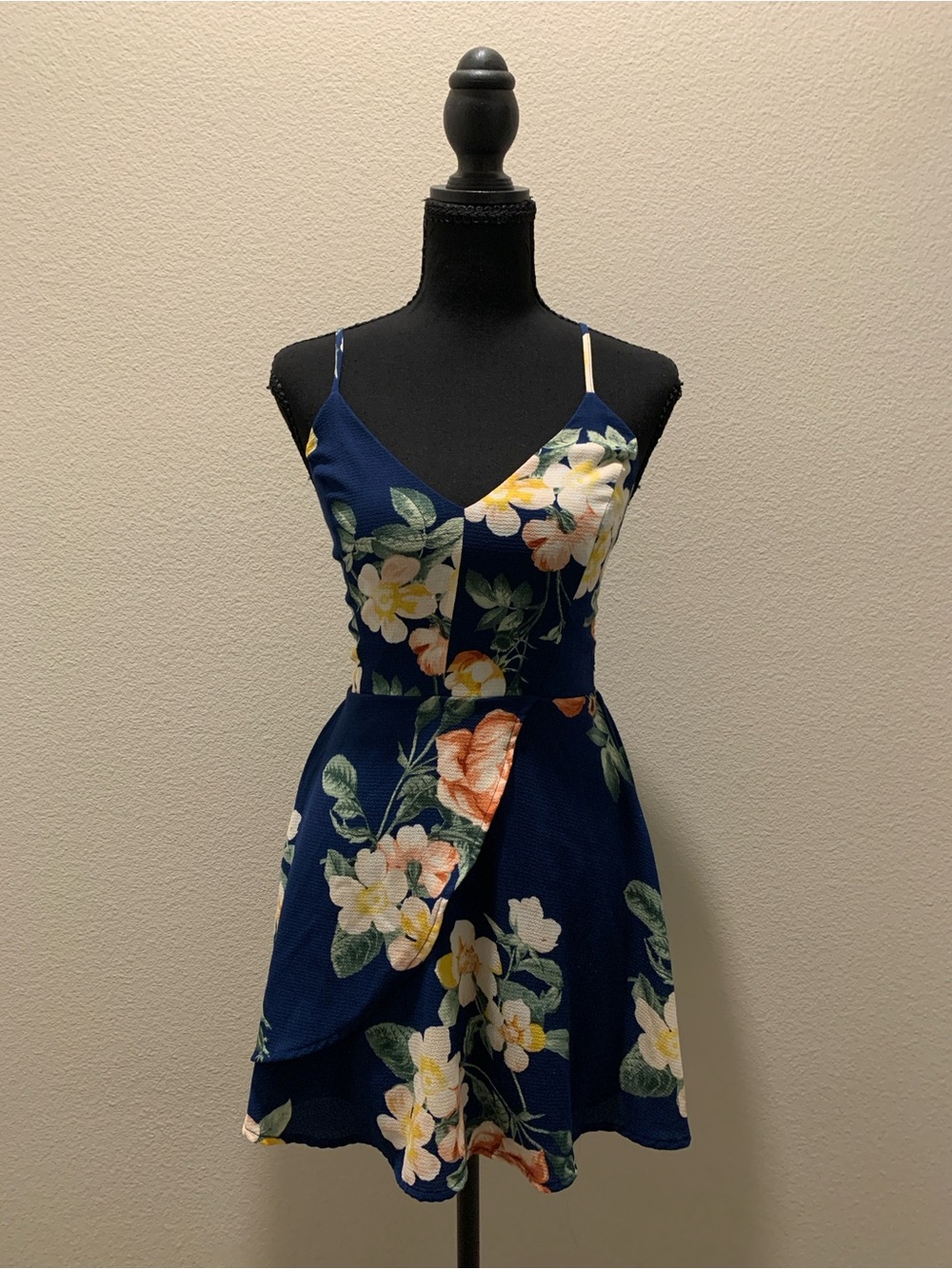 Navy Floral Spaghetti-Strap Mini Dress (Size XS; No Tag)
